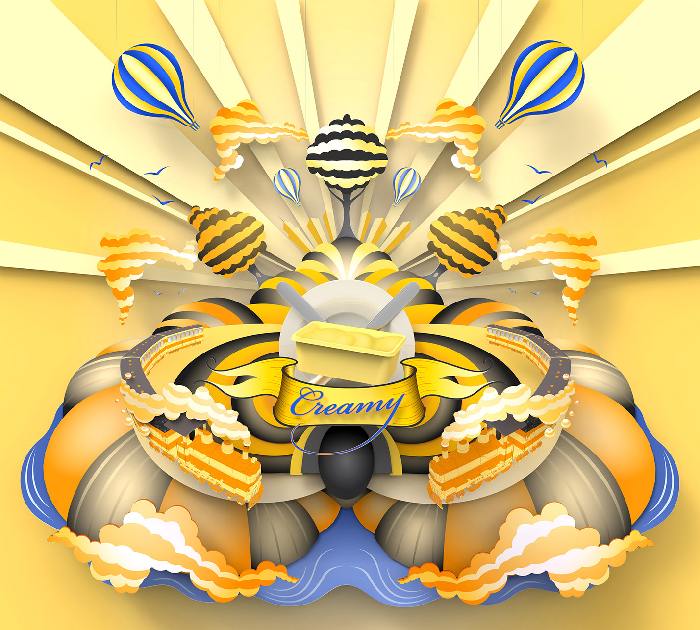 aka illustration - butter launch artwork with trains